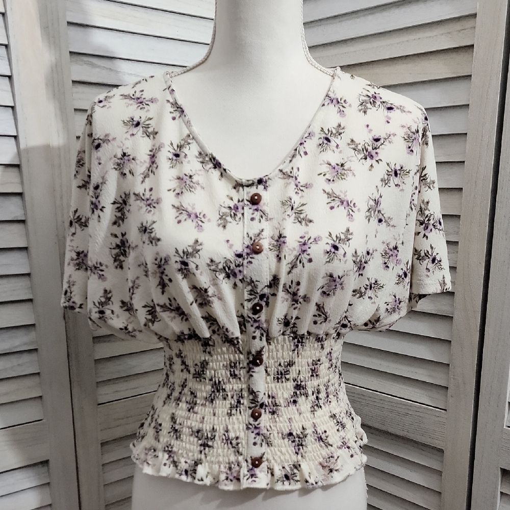 Smocked Waist Flutter Short Sleeve Purple Floral Peplum Style Button Detail Top